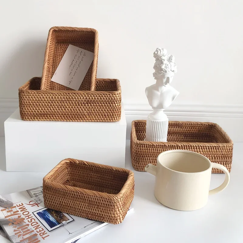 Hand-woven Rattan Wicker Basket Fruit Tea Snack Bread Basket Cosmetic Rectangular Storage Box Household Kitchen Supplies Hand-woven Rattan Wicker Basket Fruit Tea Snack Bread Basket Cosmetic Rectangular Storage Box Household Kitchen Supplies