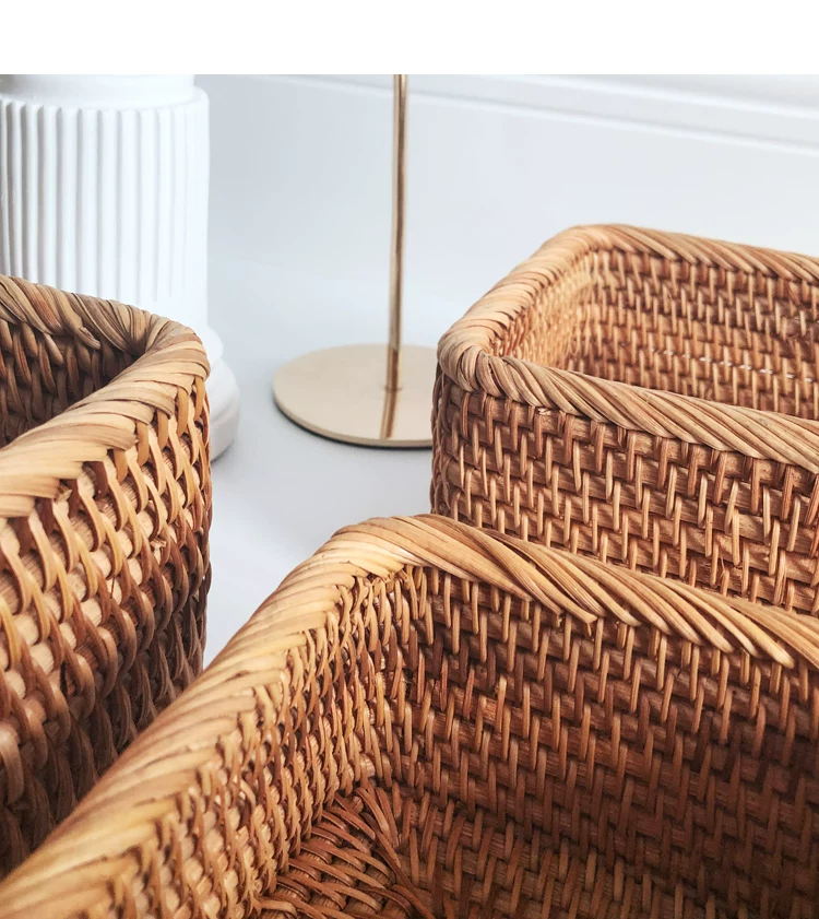 Hand-woven Rattan Wicker Basket Fruit Tea Snack Bread Basket Cosmetic Rectangular Storage Box Household Kitchen Supplies