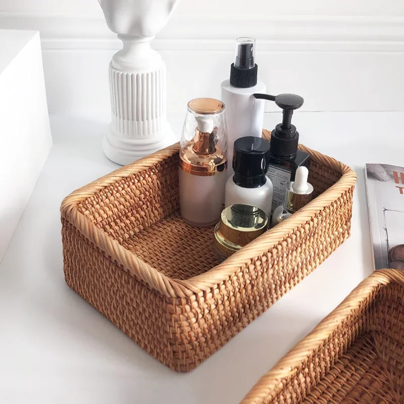 Hand-woven Rattan Wicker Basket Fruit Tea Snack Bread Basket Cosmetic Rectangular Storage Box Household Kitchen Supplies Hand-woven Rattan Wicker Basket Fruit Tea Snack Bread Basket Cosmetic Rectangular Storage Box Household Kitchen Supplies