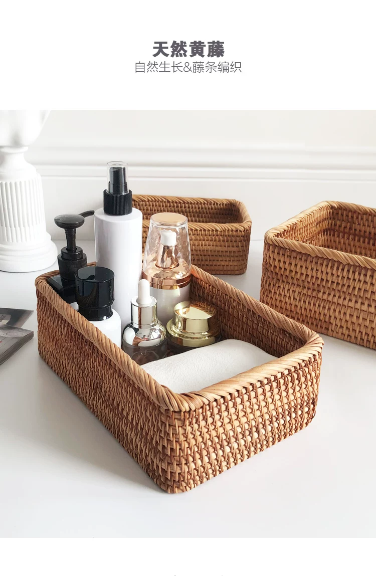Hand-woven Rattan Wicker Basket Fruit Tea Snack Bread Basket Cosmetic Rectangular Storage Box Household Kitchen Supplies