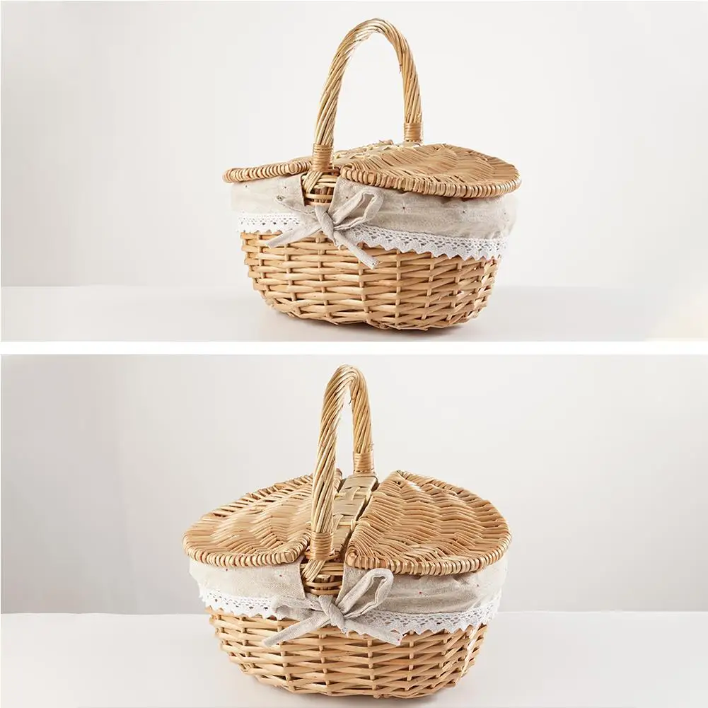 Handmade Wicker Picnic Basket With Handle Picnic Hamper Multi-Purpose Willow Woven Storage Box Outdoor Camping Fruit Basket