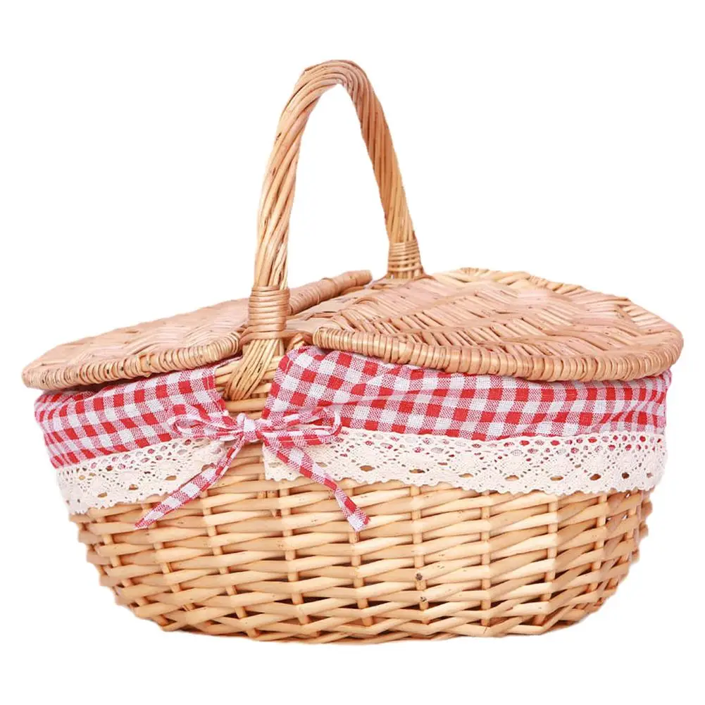 Handmade Wicker Picnic Basket With Handle Picnic Hamper Multi-Purpose Willow Woven Storage Box Outdoor Camping Fruit Basket