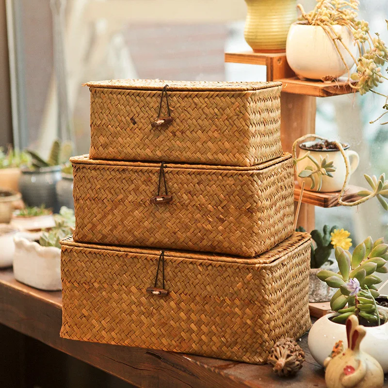 Handmade Seagrass Woven Storage Box Seaweed Storage Finishing Basket with Lid Sundry Bath Cosmetic Towel Container mx01161829