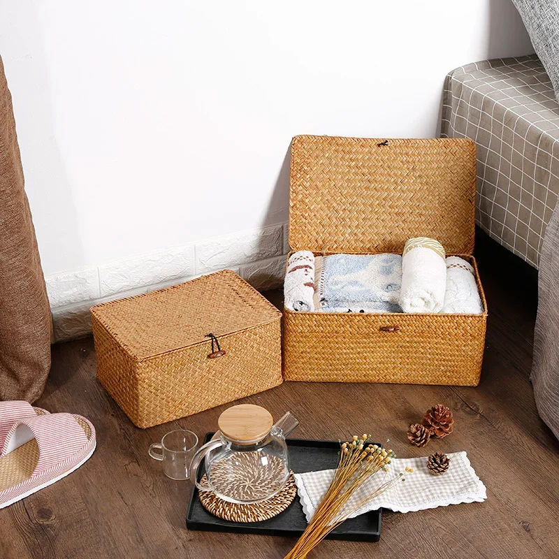 Handmade Seagrass Woven Storage Box Seaweed Storage Finishing Basket with Lid Sundry Bath Cosmetic Towel Container mx01161829 Handmade Seagrass Woven Storage Box Seaweed Storage Finishing Basket with Lid Sundry Bath Cosmetic Towel Container mx01161829