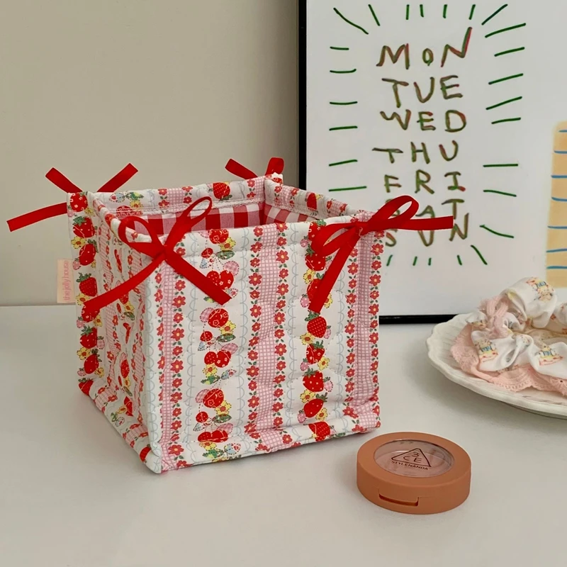 Square Storage Basket Lace Flower Desktop Organizer Storage Basket Korean Quilted Storage Basket Cute Storage Frame Home Decorat