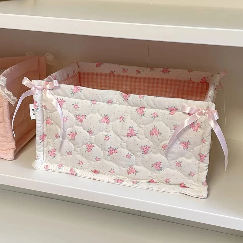 Square Storage Basket Lace Flower Desktop Organizer Storage Basket Korean Quilted Storage Basket Cute Storage Frame Home Decorat