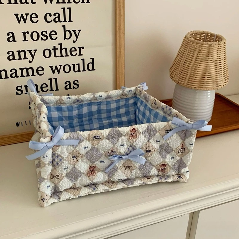 Square Storage Basket Lace Flower Desktop Organizer Storage Basket Korean Quilted Storage Basket Cute Storage Frame Home Decorat