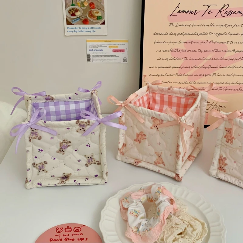 Square Storage Basket Lace Flower Desktop Organizer Storage Basket Korean Quilted Storage Basket Cute Storage Frame Home Decorat