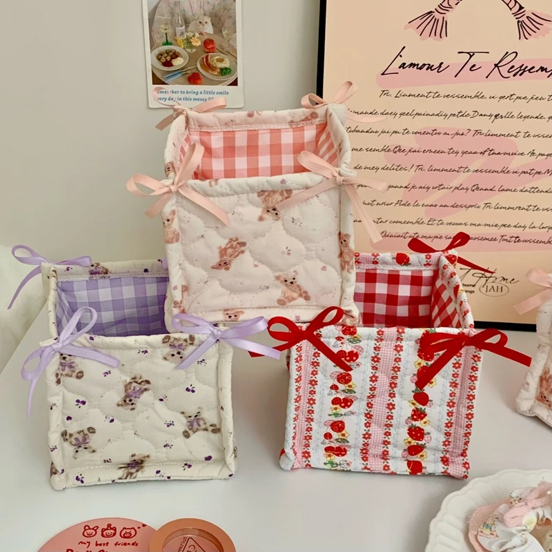 Square Storage Basket Lace Flower Desktop Organizer Storage Basket Korean Quilted Storage Basket Cute Storage Frame Home Decorat
