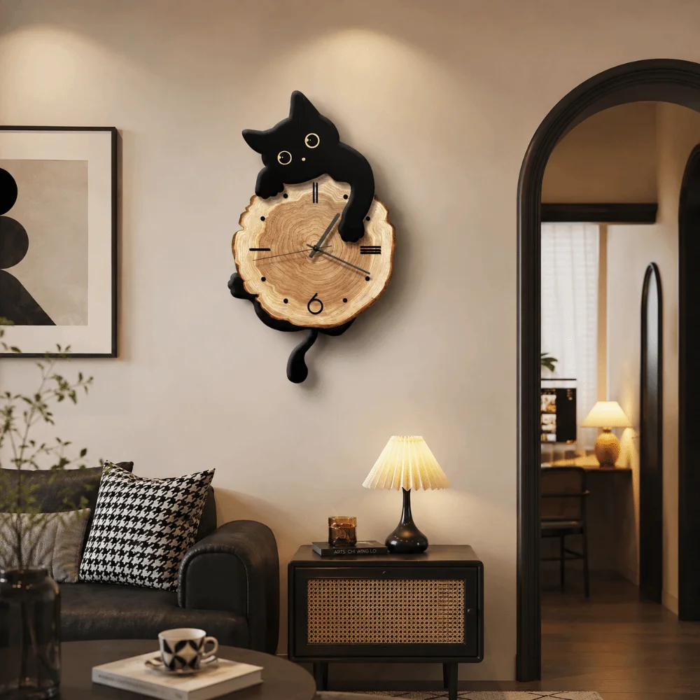 Creative Cute Cat Wall Clock Tail Swing Silent Feature Wall Mounted Clock Home Decoration Cat Hanging Clock Bedroom