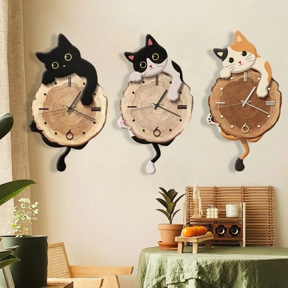 Creative Cute Cat Wall Clock Tail Swing Silent Feature Wall Mounted Clock Home Decoration Cat Hanging Clock Bedroom