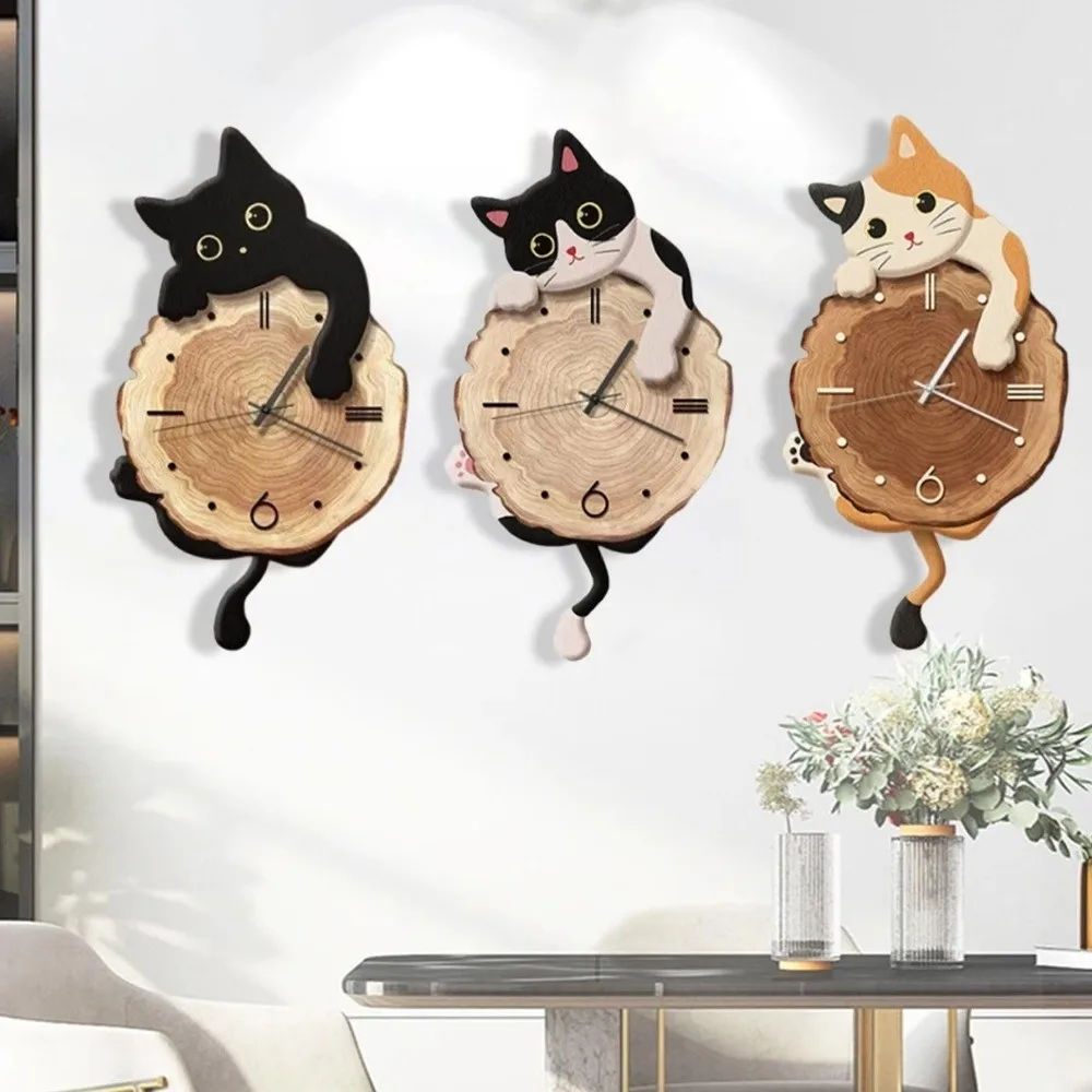 Creative Cute Cat Wall Clock Tail Swing Silent Feature Wall Mounted Clock Home Decoration Cat Hanging Clock Bedroom
