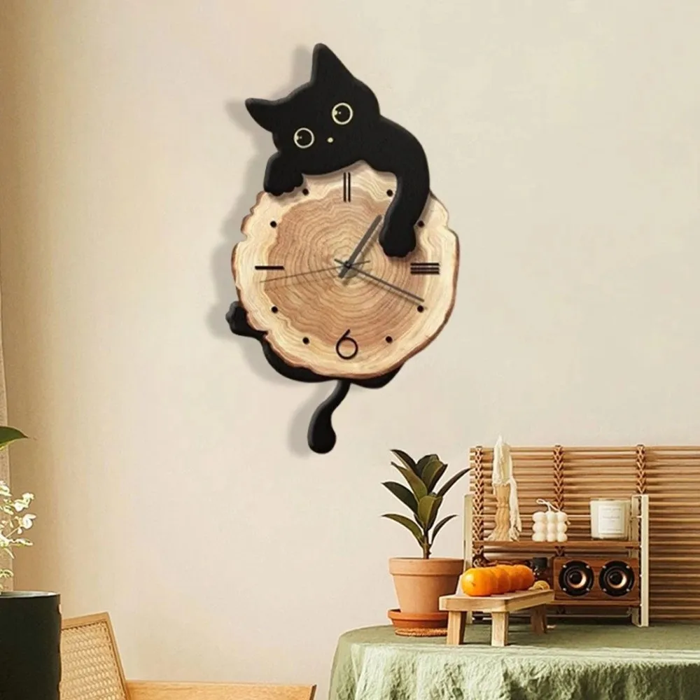 Creative Cute Cat Wall Clock Tail Swing Silent Feature Wall Mounted Clock Home Decoration Cat Hanging Clock Bedroom