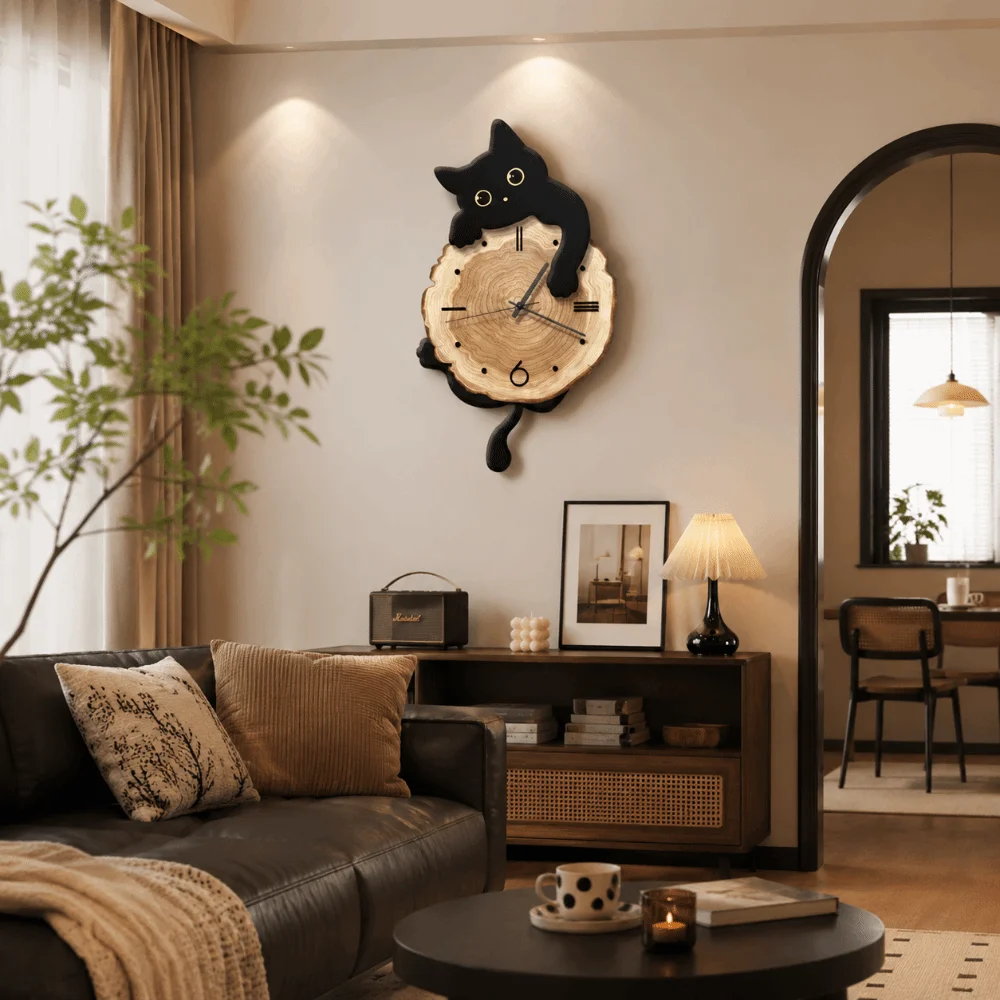 Creative Cute Cat Wall Clock Tail Swing Silent Feature Wall Mounted Clock Home Decoration Cat Hanging Clock Bedroom