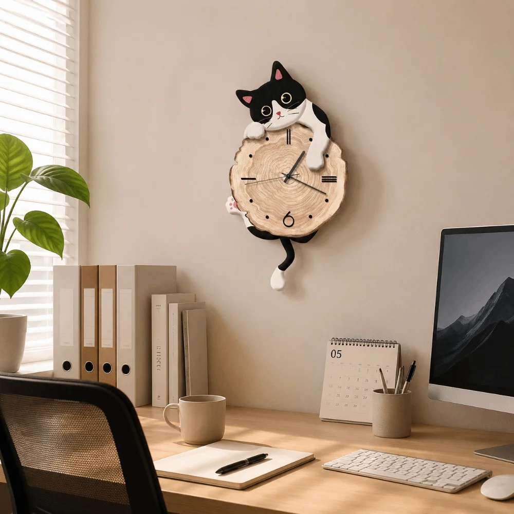 Creative Cute Cat Wall Clock Tail Swing Silent Feature Wall Mounted Clock Home Decoration Cat Hanging Clock Bedroom