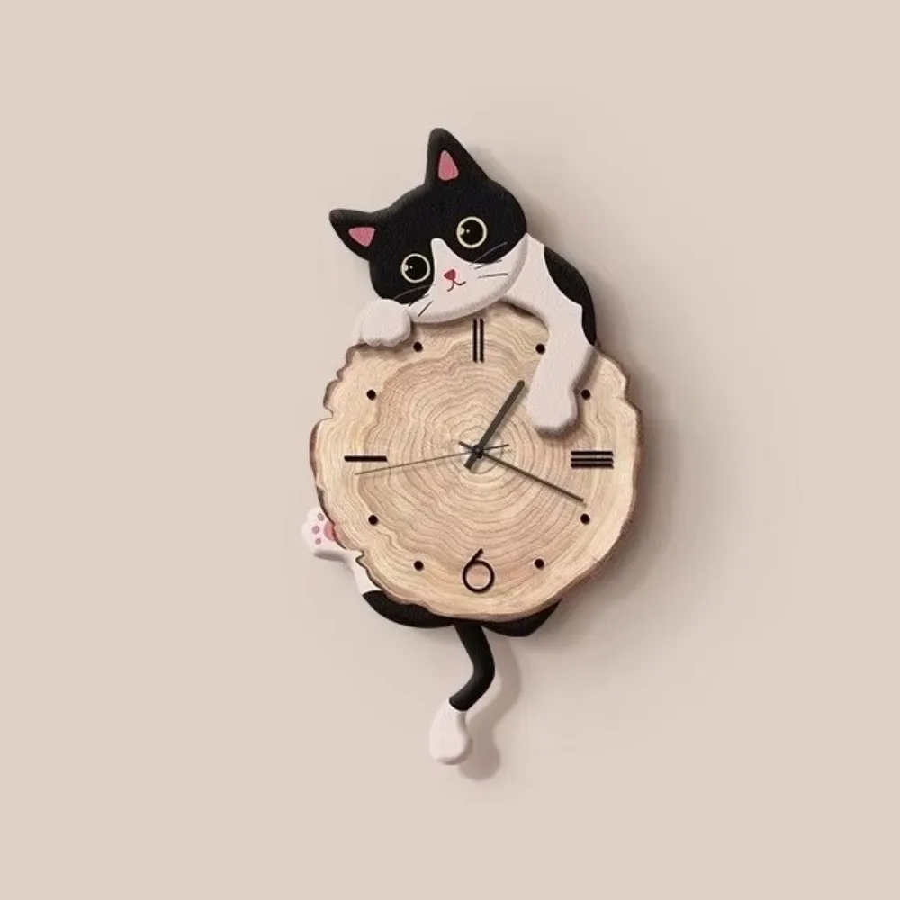 Creative Cute Cat Wall Clock Tail Swing Silent Feature Wall Mounted Clock Home Decoration Cat Hanging Clock Bedroom
