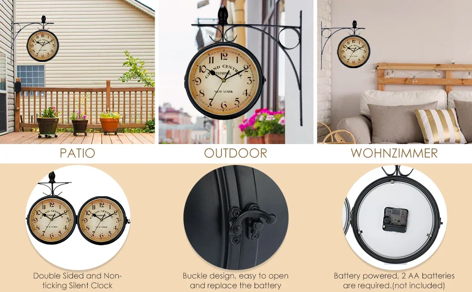Double Sided Train Station Waterproof Wall Clock For Garden Retro Wrought Iron Metal Wall Clock Silent Indoor Outdoor Decoration Double Sided Train Station Waterproof Wall Clock For Garden Retro Wrought Iron Metal Wall Clock Silent Indoor Outdoor Decoration