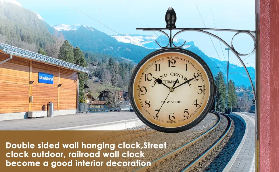 Double Sided Train Station Waterproof Wall Clock For Garden Retro Wrought Iron Metal Wall Clock Silent Indoor Outdoor Decoration Double Sided Train Station Waterproof Wall Clock For Garden Retro Wrought Iron Metal Wall Clock Silent Indoor Outdoor Decoration