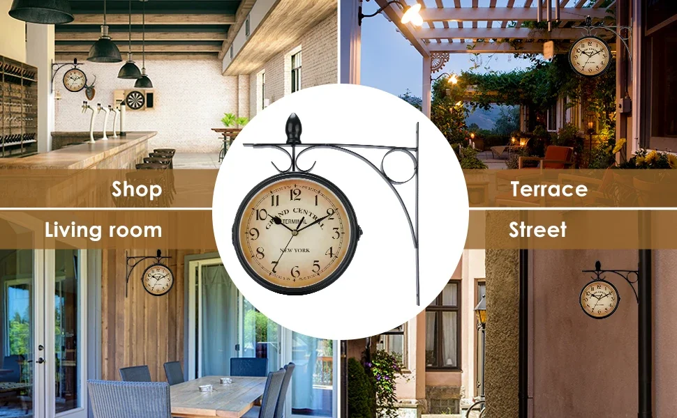 Double Sided Train Station Waterproof Wall Clock For Garden Retro Wrought Iron Metal Wall Clock Silent Indoor Outdoor Decoration Double Sided Train Station Waterproof Wall Clock For Garden Retro Wrought Iron Metal Wall Clock Silent Indoor Outdoor Decoration