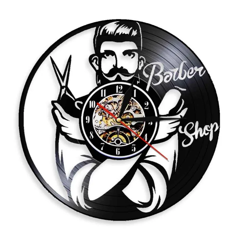 Barber Shop Black Record Wall Clock Hairdresser Beard Man Theme Home Decor Living Room Wall Watch Reloj De Pared Barber Shop Black Record Wall Clock Hairdresser Beard Man Theme Home Decor Living Room Wall Watch Reloj De Pared