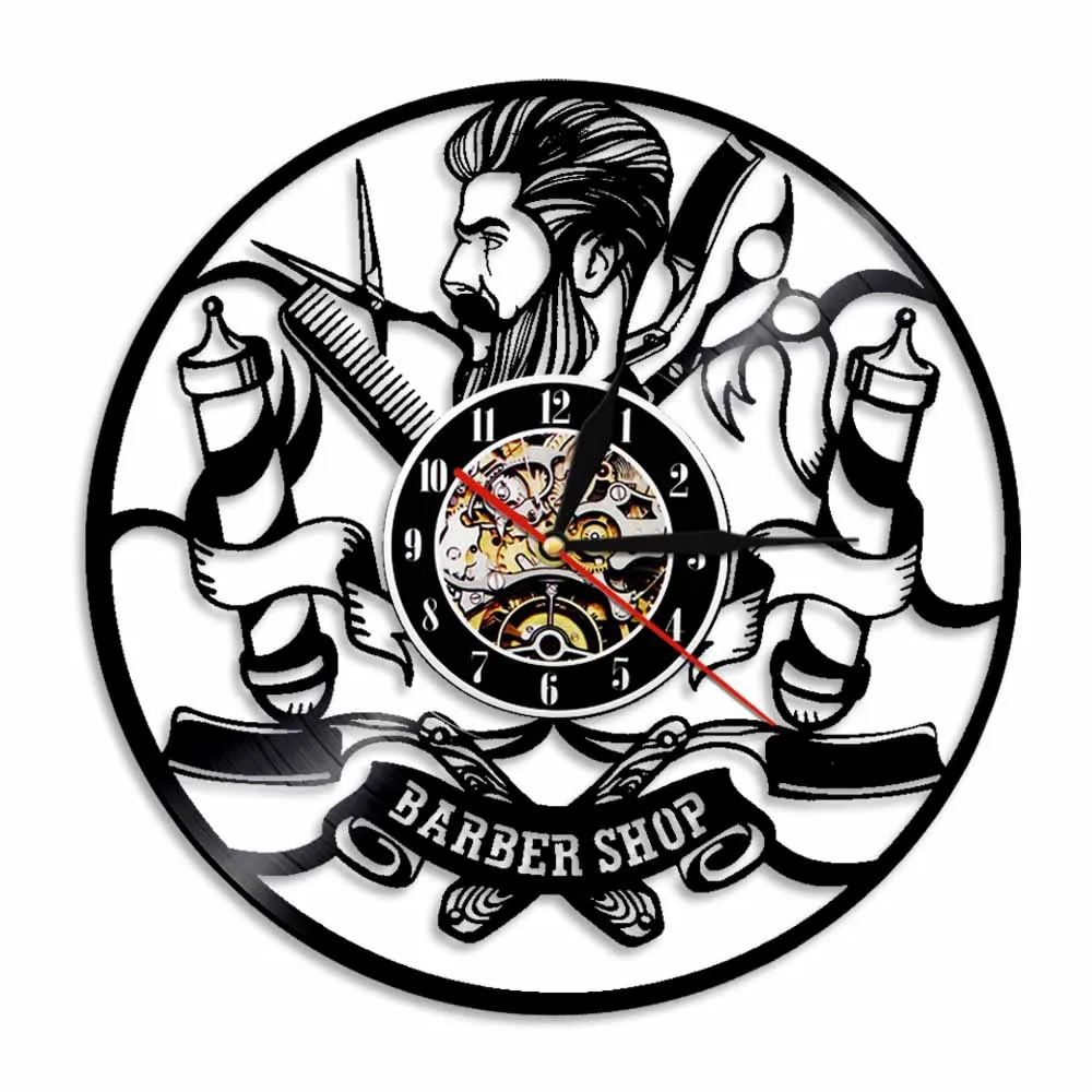 Barber Shop Black Record Wall Clock Hairdresser Beard Man Theme Home Decor Living Room Wall Watch Reloj De Pared Barber Shop Black Record Wall Clock Hairdresser Beard Man Theme Home Decor Living Room Wall Watch Reloj De Pared
