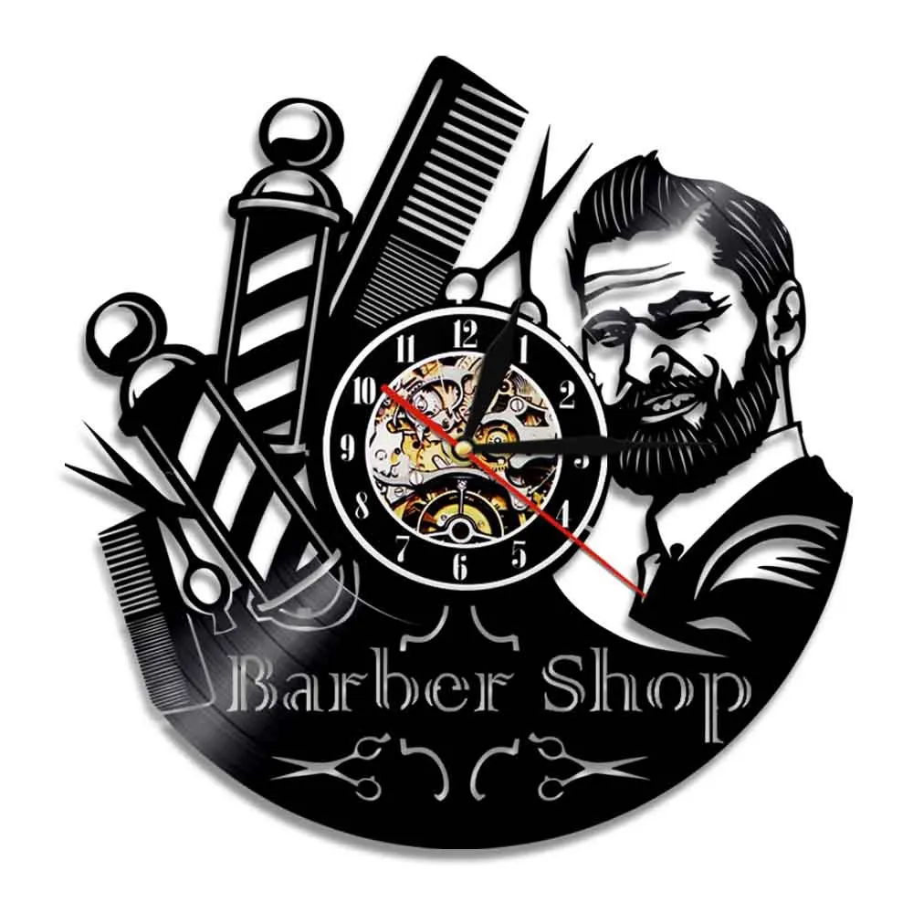 Barber Shop Black Record Wall Clock Hairdresser Beard Man Theme Home Decor Living Room Wall Watch Reloj De Pared Barber Shop Black Record Wall Clock Hairdresser Beard Man Theme Home Decor Living Room Wall Watch Reloj De Pared