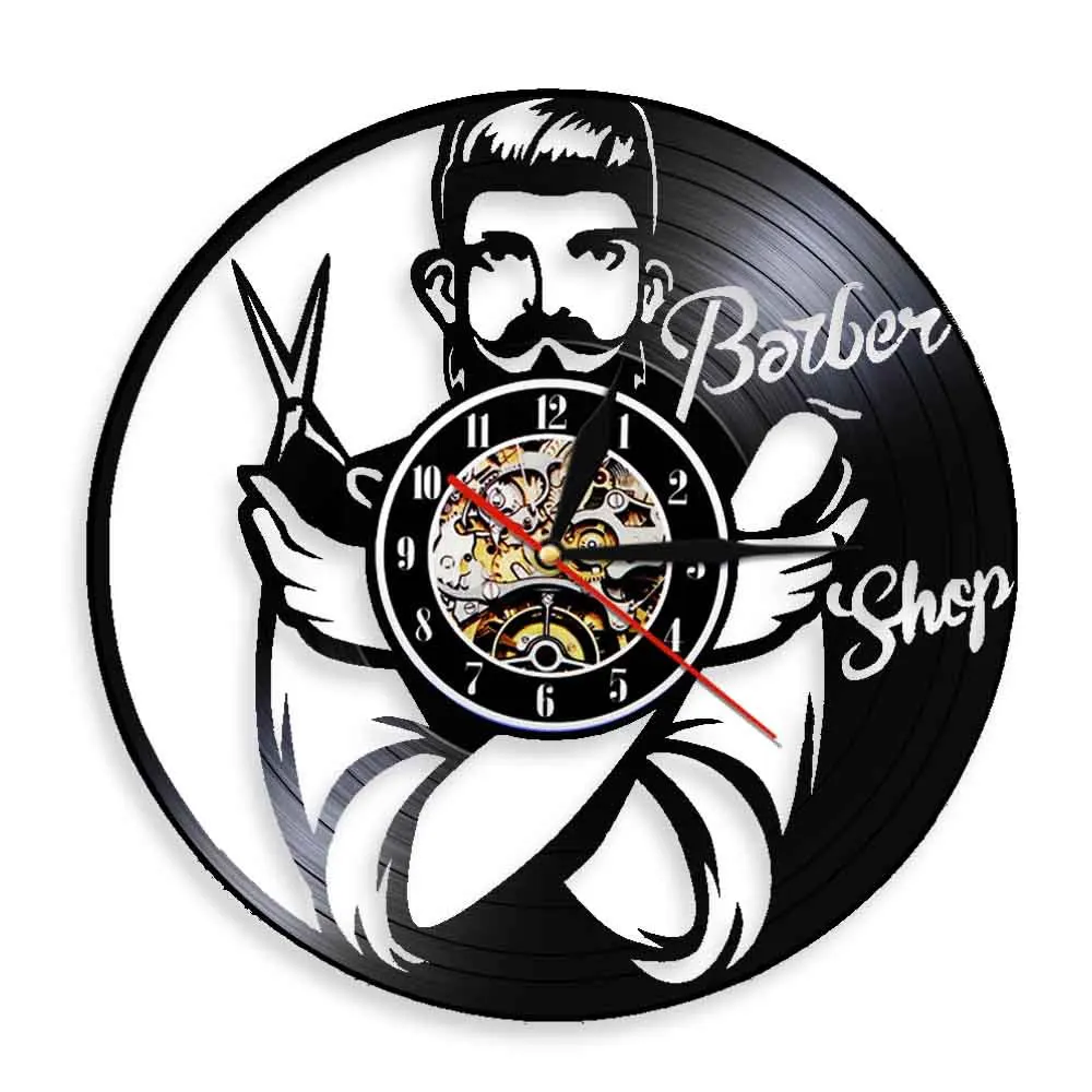 Barber Shop Black Record Wall Clock Hairdresser Beard Man Theme Home Decor Living Room Wall Watch Reloj De Pared Barber Shop Black Record Wall Clock Hairdresser Beard Man Theme Home Decor Living Room Wall Watch Reloj De Pared