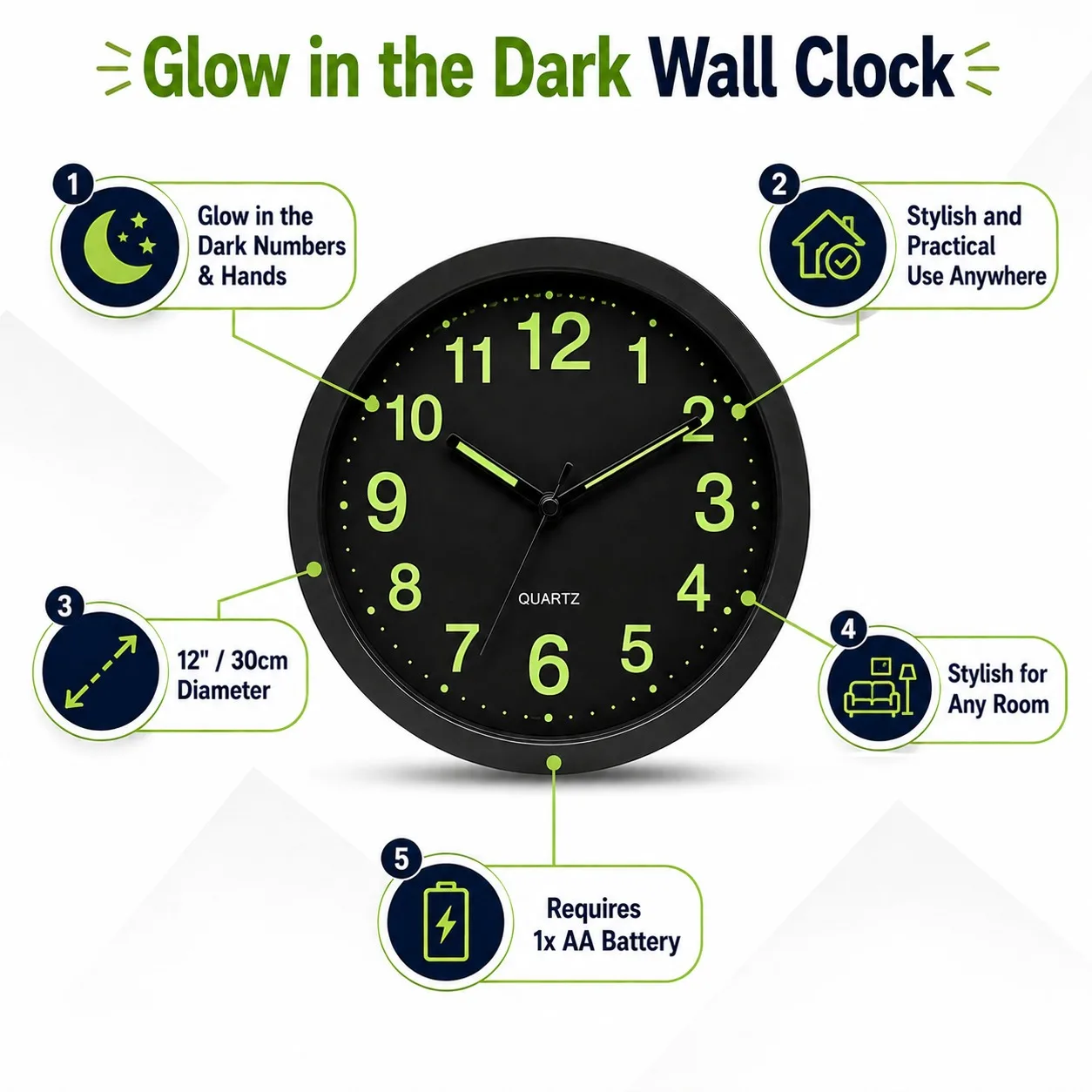 Glow in the Dark Wall Clock 12 Inch Modern Analog Clock for Living Room Bedroom Home Decor
