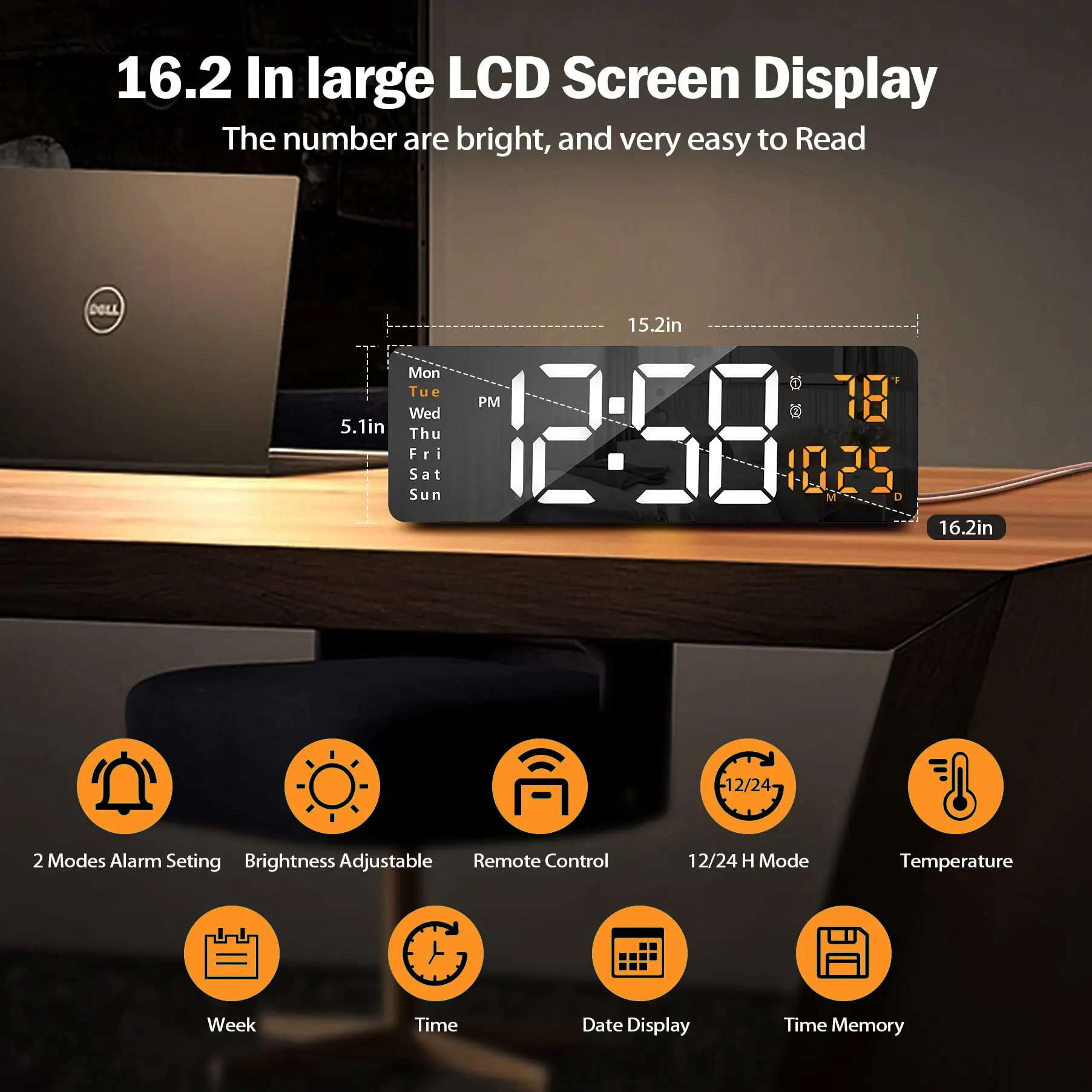 Digital Wall Clock, 16″ Large Display Digital Clock with Remote Control, Auto-Dimming Wall Clock with DST, Date Week,Temp Digital Wall Clock, 16