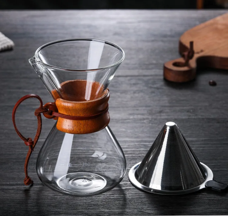 Hand Glass Coffee Kettle with Stainless Steel Filter Drip Brewing Hot Brewer Coffee Pot Dripper Barista Pour Over Coffee Maker