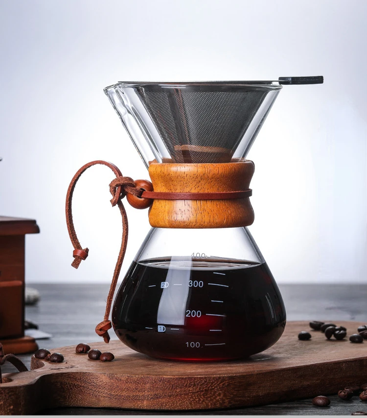 Hand Glass Coffee Kettle with Stainless Steel Filter Drip Brewing Hot Brewer Coffee Pot Dripper Barista Pour Over Coffee Maker