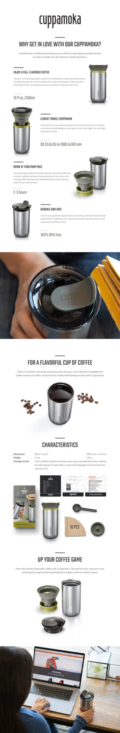WACACO Cuppamoka Coffee Pot, Portable Drip Coffee Maker with 10 Cone Paper Filter, Stainless Steel Pour Over Coffee Brewer WACACO Cuppamoka Coffee Pot, Portable Drip Coffee Maker with 10 Cone Paper Filter, Stainless Steel Pour Over Coffee Brewer