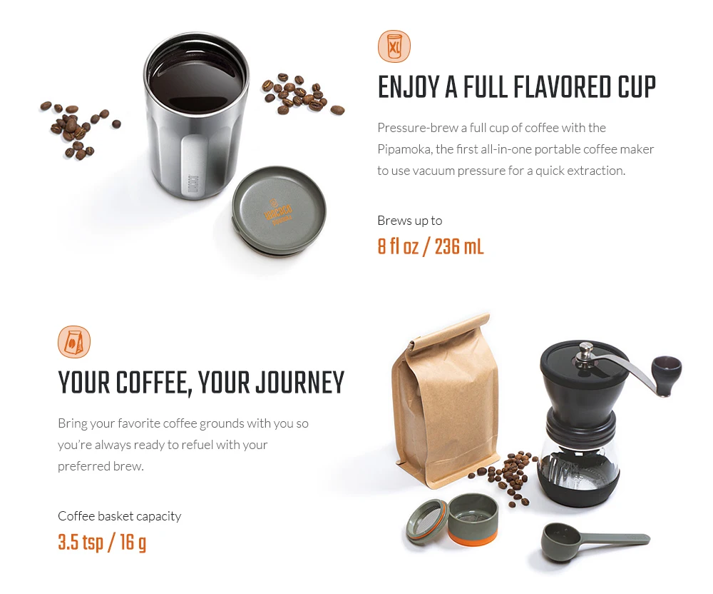 WACACO Pipamoka, All-in-one Vacuum Pressured Portable Coffee Maker, Insulated Travel Mug, Hand Powered and Pressure Brewer WACACO Pipamoka, All-in-one Vacuum Pressured Portable Coffee Maker, Insulated Travel Mug, Hand Powered and Pressure Brewer