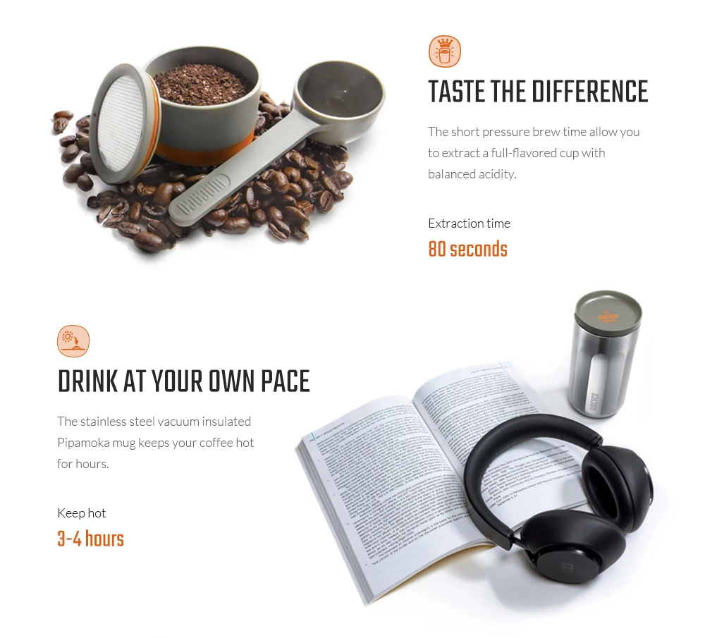 WACACO Pipamoka, All-in-one Vacuum Pressured Portable Coffee Maker, Insulated Travel Mug, Hand Powered and Pressure Brewer WACACO Pipamoka, All-in-one Vacuum Pressured Portable Coffee Maker, Insulated Travel Mug, Hand Powered and Pressure Brewer