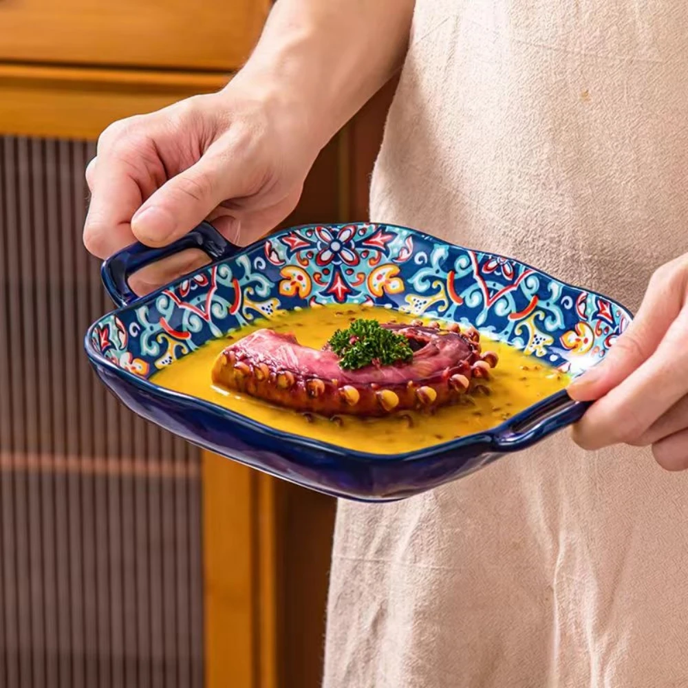 1 Piece of 9-Inch Bohemian Style Salad Plate with Double Ear Ceramic Pasta Dish, Can Be Used for Oven, Microwave 1 Piece of 9-Inch Bohemian Style Salad Plate with Double Ear Ceramic Pasta Dish, Can Be Used for Oven, Microwave