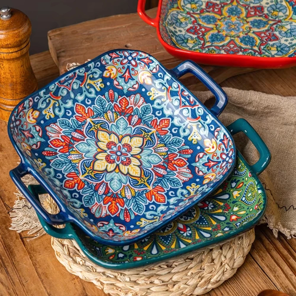 1 Piece of 9-Inch Bohemian Style Salad Plate with Double Ear Ceramic Pasta Dish, Can Be Used for Oven, Microwave 1 Piece of 9-Inch Bohemian Style Salad Plate with Double Ear Ceramic Pasta Dish, Can Be Used for Oven, Microwave