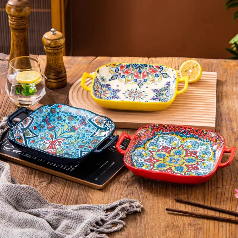 1 Piece of 9-Inch Bohemian Style Salad Plate with Double Ear Ceramic Pasta Dish, Can Be Used for Oven, Microwave 1 Piece of 9-Inch Bohemian Style Salad Plate with Double Ear Ceramic Pasta Dish, Can Be Used for Oven, Microwave