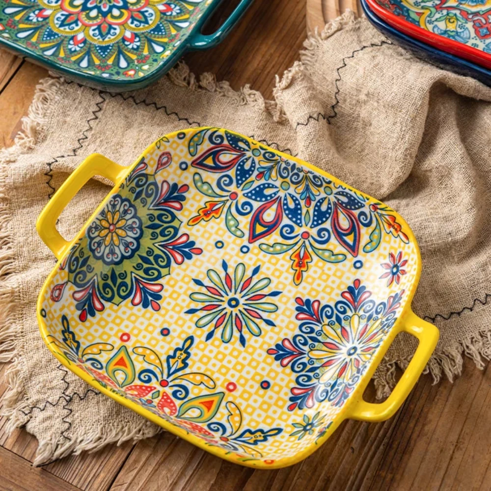 1 Piece of 9-Inch Bohemian Style Salad Plate with Double Ear Ceramic Pasta Dish, Can Be Used for Oven, Microwave 1 Piece of 9-Inch Bohemian Style Salad Plate with Double Ear Ceramic Pasta Dish, Can Be Used for Oven, Microwave