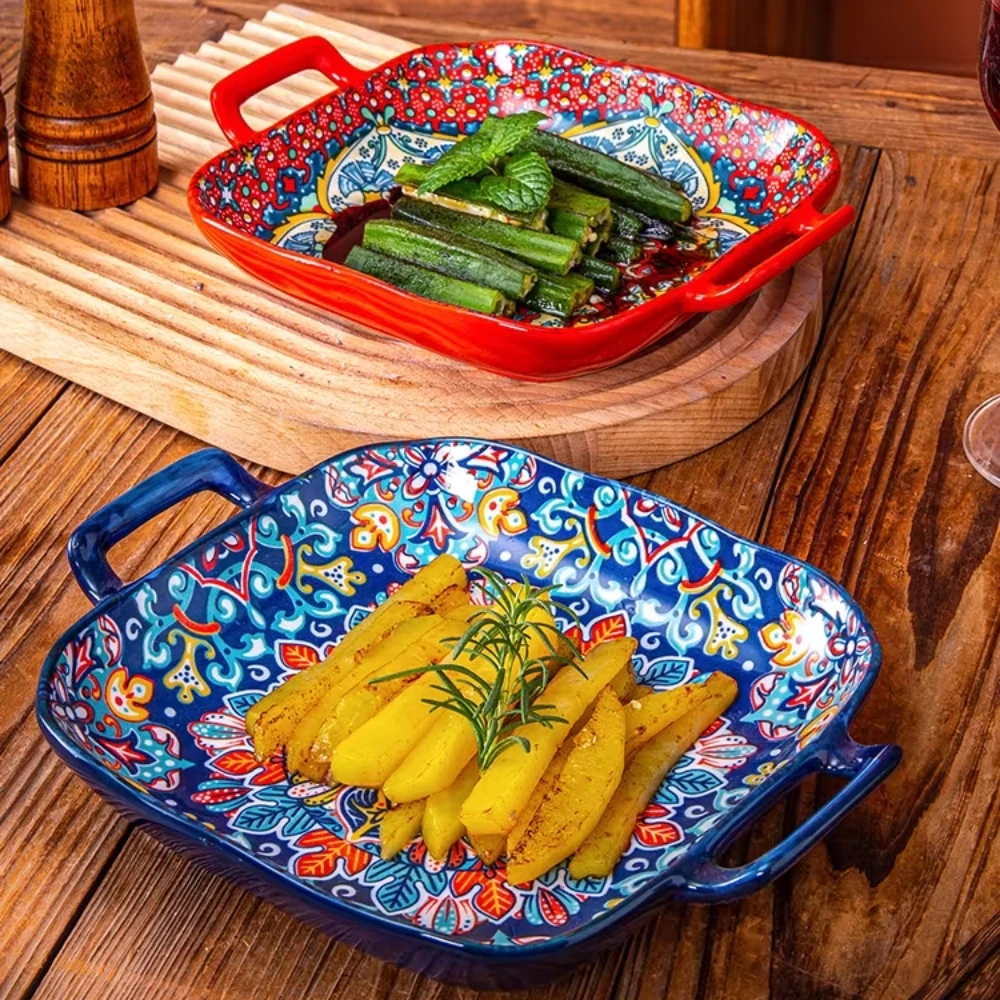 1 Piece of 9-Inch Bohemian Style Salad Plate with Double Ear Ceramic Pasta Dish, Can Be Used for Oven, Microwave 1 Piece of 9-Inch Bohemian Style Salad Plate with Double Ear Ceramic Pasta Dish, Can Be Used for Oven, Microwave