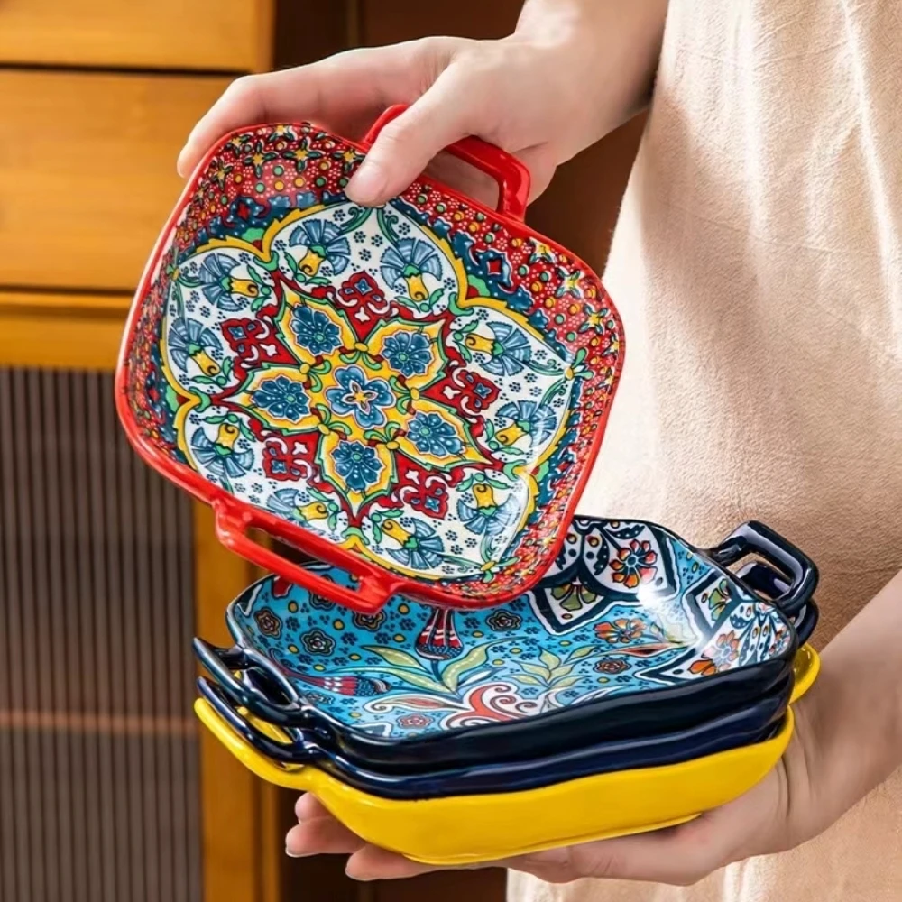1 Piece of 9-Inch Bohemian Style Salad Plate with Double Ear Ceramic Pasta Dish, Can Be Used for Oven, Microwave 1 Piece of 9-Inch Bohemian Style Salad Plate with Double Ear Ceramic Pasta Dish, Can Be Used for Oven, Microwave