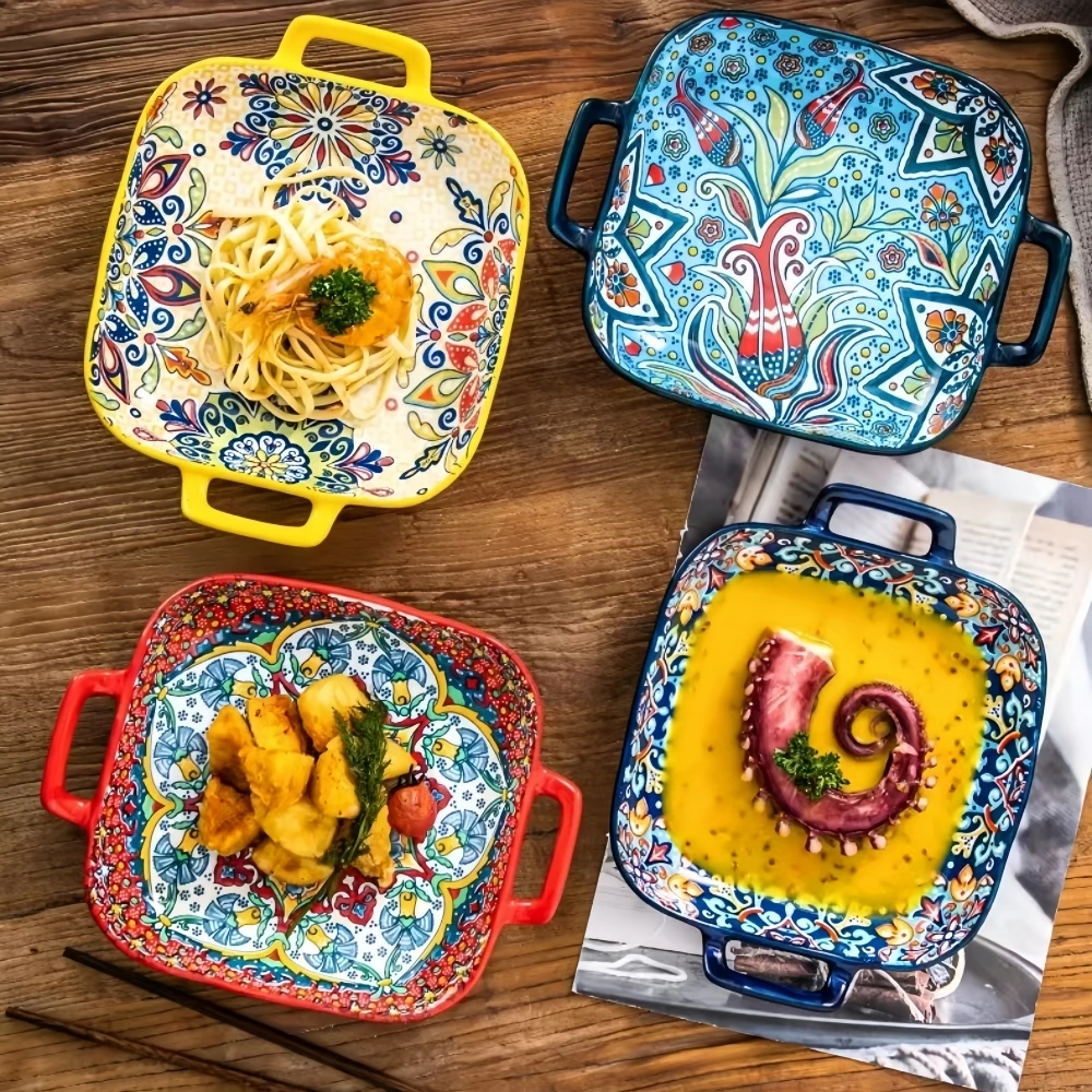 1 Piece of 9-Inch Bohemian Style Salad Plate with Double Ear Ceramic Pasta Dish, Can Be Used for Oven, Microwave 1 Piece of 9-Inch Bohemian Style Salad Plate with Double Ear Ceramic Pasta Dish, Can Be Used for Oven, Microwave
