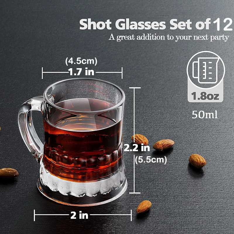 12PCS Mini Beer Mug Shot Glasses, Heavy Base Clear Mini Beer Mugs, Small Shot Cups for Party Drink, Beer