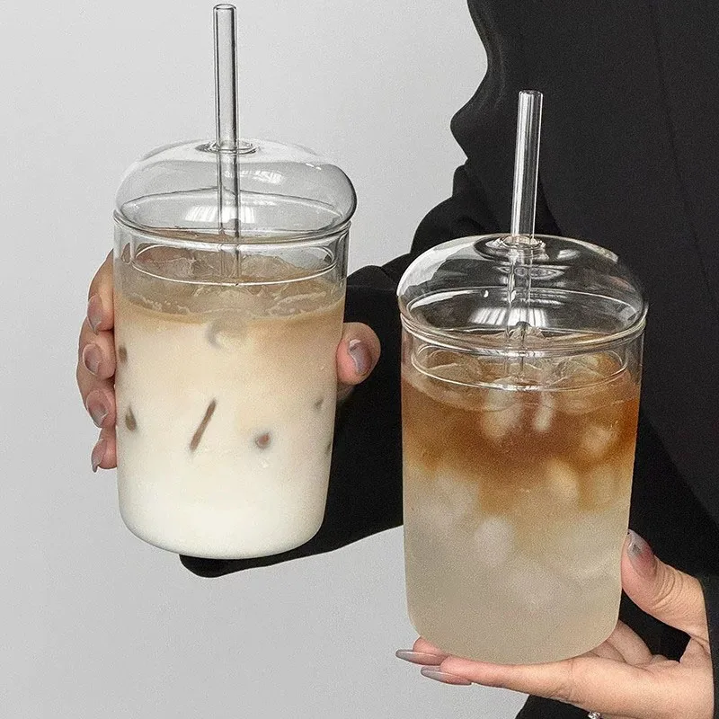 YWDL 1/2PCS 500ml High Borosilicate Glass Tumbler with Lid And Straw Reusable Iced Coffee Juice Cup Heat Resistant Drinkware
