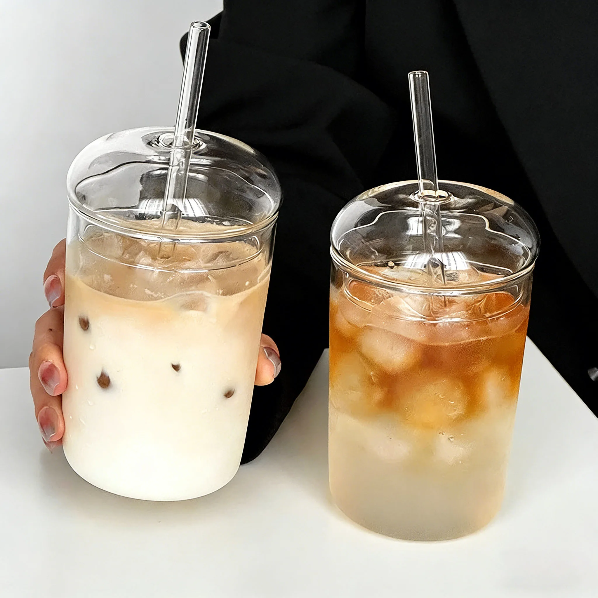 YWDL 1/2PCS 500ml High Borosilicate Glass Tumbler with Lid And Straw Reusable Iced Coffee Juice Cup Heat Resistant Drinkware