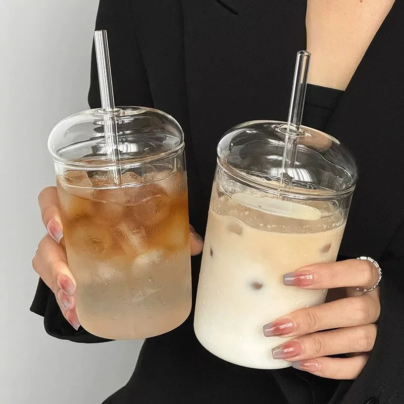 YWDL 1/2PCS 500ml High Borosilicate Glass Tumbler with Lid And Straw Reusable Iced Coffee Juice Cup Heat Resistant Drinkware