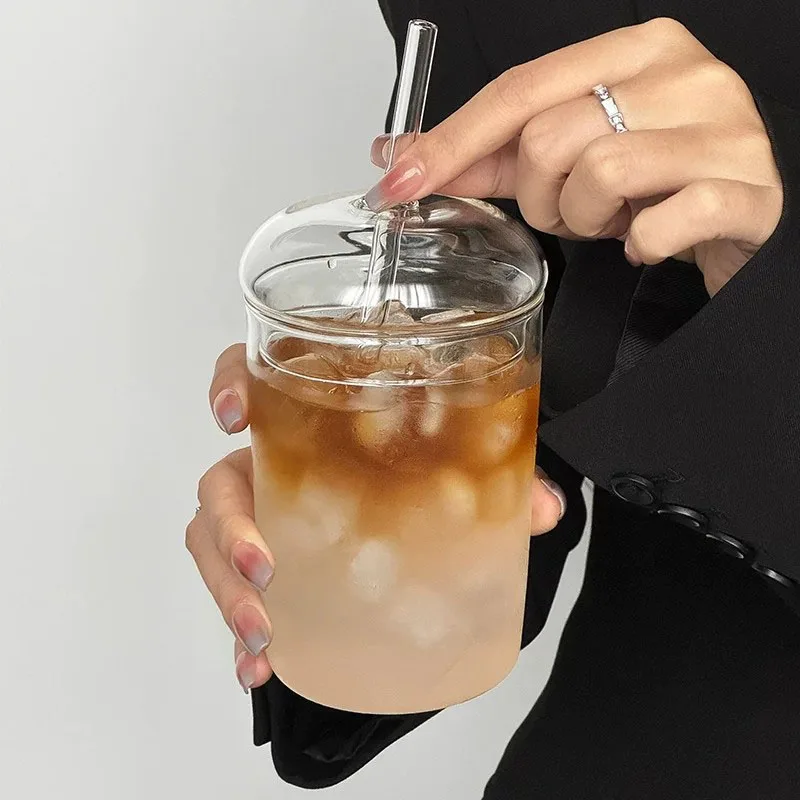 YWDL 1/2PCS 500ml High Borosilicate Glass Tumbler with Lid And Straw Reusable Iced Coffee Juice Cup Heat Resistant Drinkware