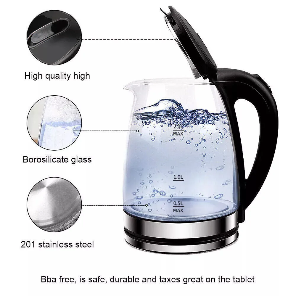 Electric Glass Kettle 2.0L Fast Boiling with Blue LED Light Auto Shut Off Boil Dry Protection Drip Free Spout Water Heater for Home Kitchen Electric Glass Kettle 2.0L Fast Boiling with Blue LED Light Auto Shut Off Boil Dry Protection Drip Free Spout Water Heater for Home Kitchen