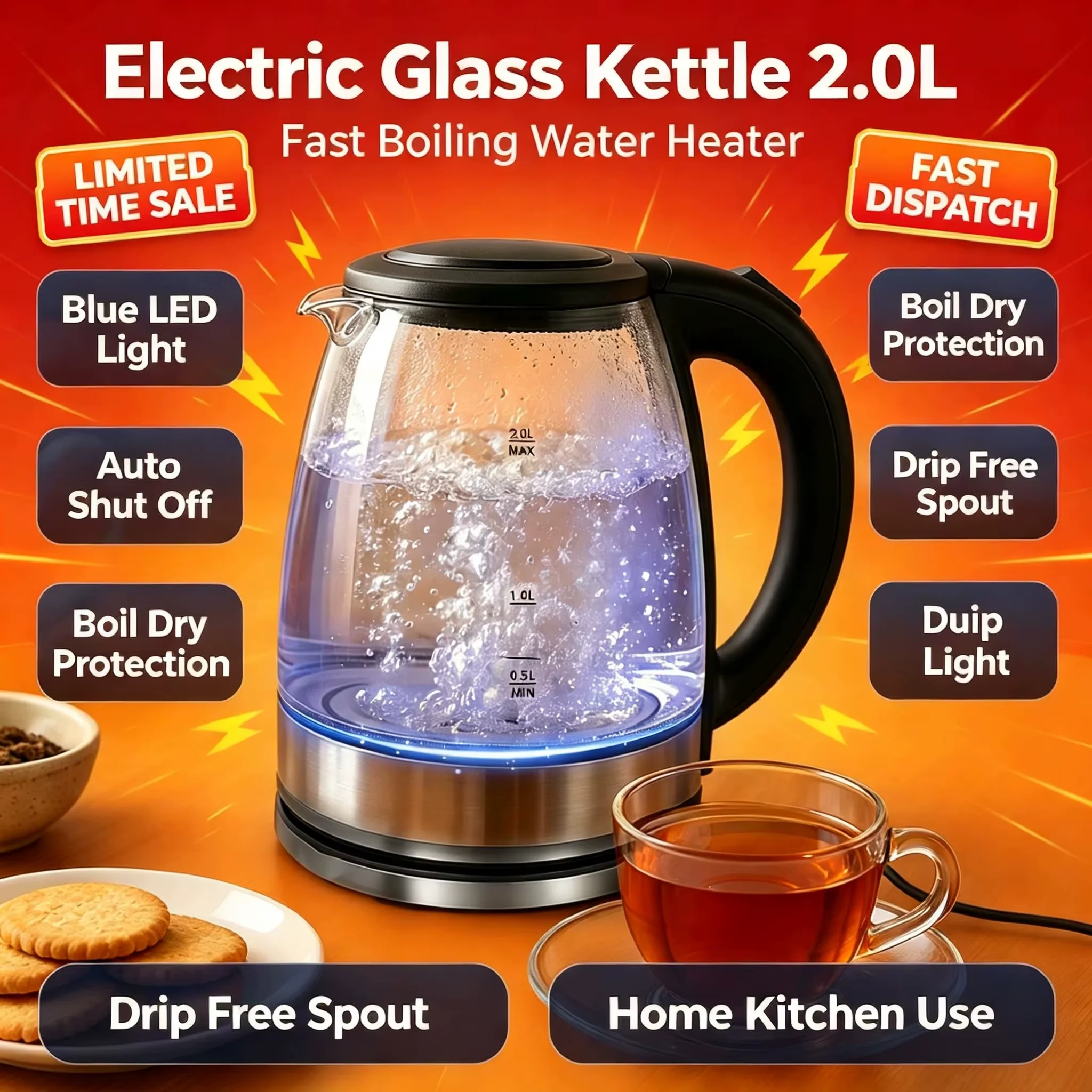 Electric Glass Kettle 2.0L Fast Boiling with Blue LED Light Auto Shut Off Boil Dry Protection Drip Free Spout Water Heater for Home Kitchen Electric Glass Kettle 2.0L Fast Boiling with Blue LED Light Auto Shut Off Boil Dry Protection Drip Free Spout Water Heater for Home Kitchen