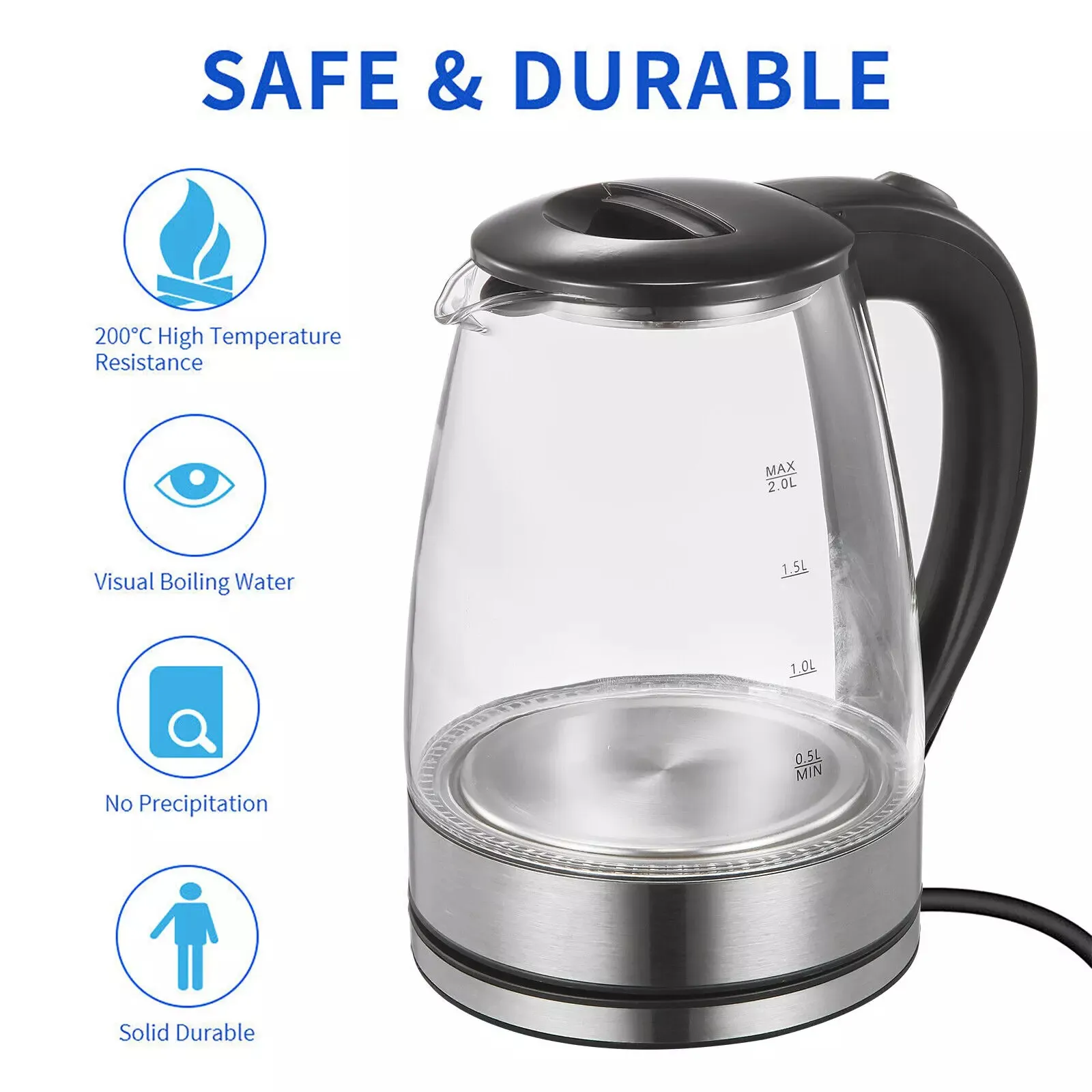 Electric Glass Kettle 2.0L Fast Boiling with Blue LED Light Auto Shut Off Boil Dry Protection Drip Free Spout Water Heater for Home Kitchen Electric Glass Kettle 2.0L Fast Boiling with Blue LED Light Auto Shut Off Boil Dry Protection Drip Free Spout Water Heater for Home Kitchen