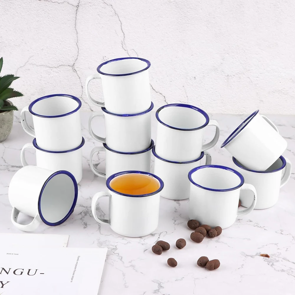 4 oz Enamel Camping Coffee Mugs Mini Metal Mug with Handle Small White Enamel Mug Vintage Round Tea Cup Portable Drinking Cups